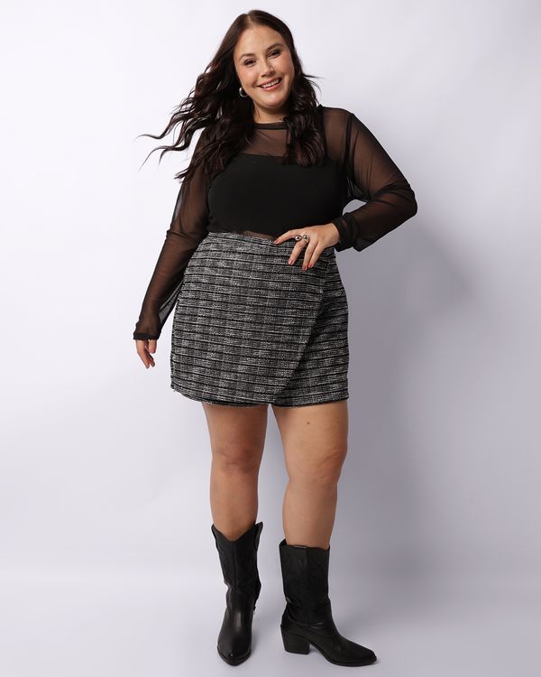 Short Saia Plus Size Feminino Tweed Lurex Preto G1