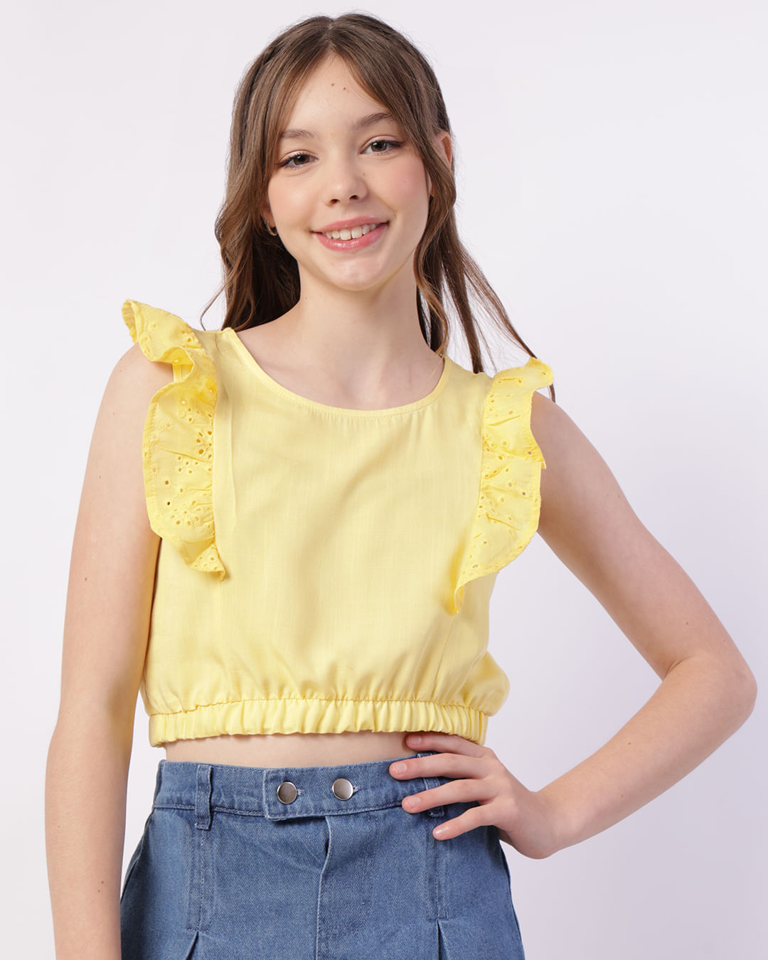Blusa Juvenil Algodão Laise com Babado Amarela