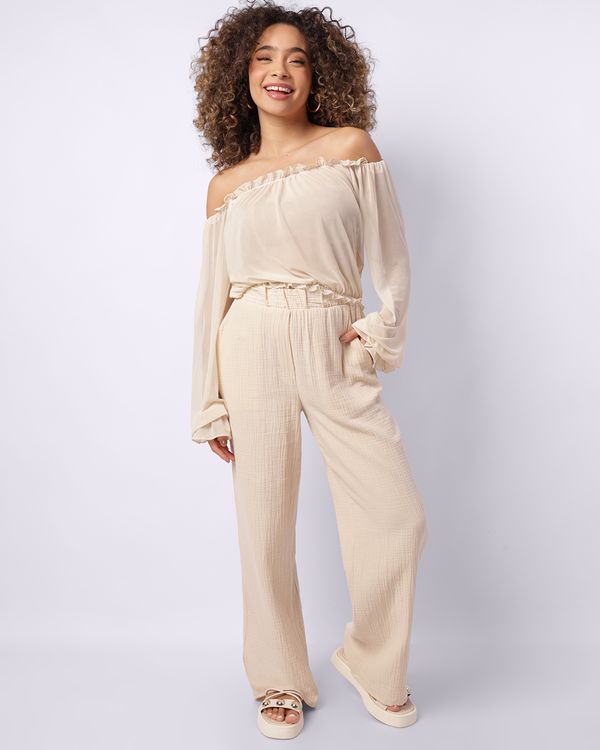 Calça Feminina Wide Leg Algodão Berry & Co. com Bolso Bege P