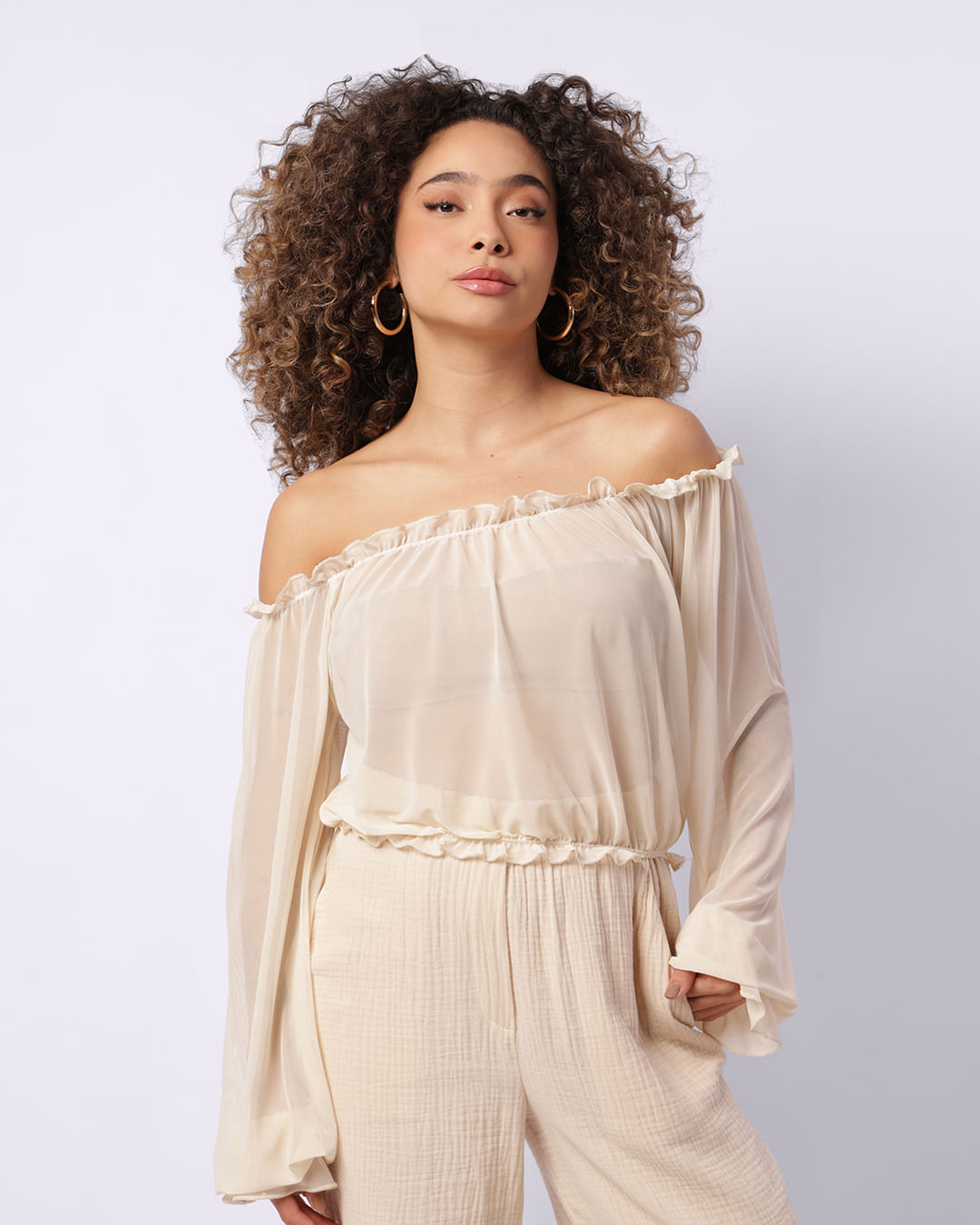 Blusa Feminina Cropped Manga Longa Tule Ciganinha Bege