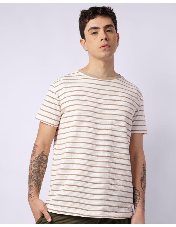 Camiseta-Masculina-Texturizada-Listrada-Manga-Curta-Bege
