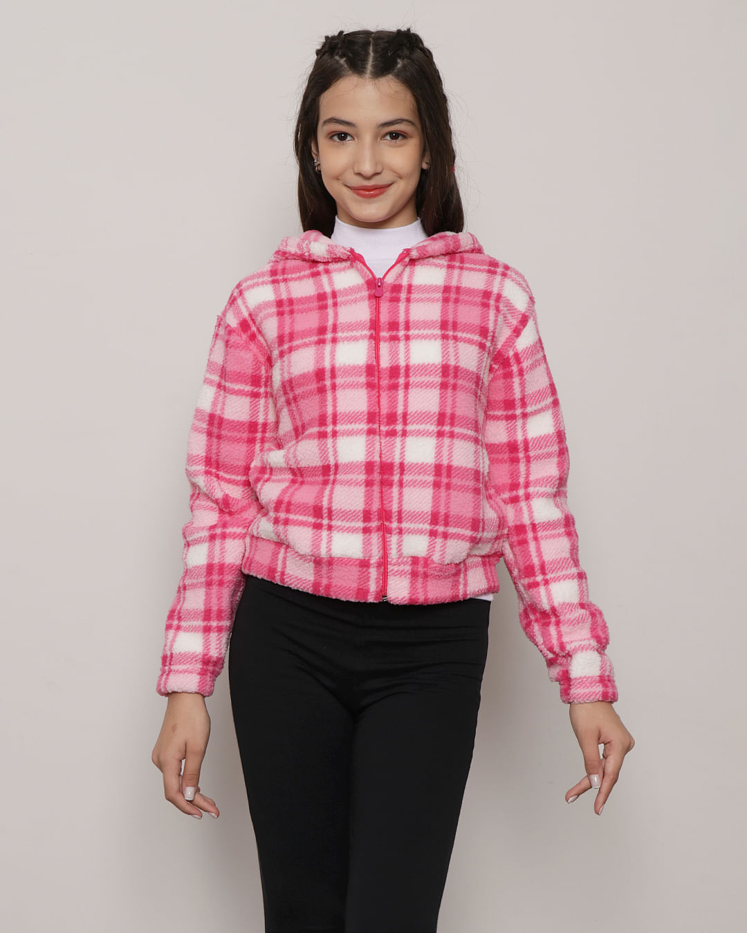 Jaqueta Juvenil  Sherpa Xadrez Rosa-1753891006916