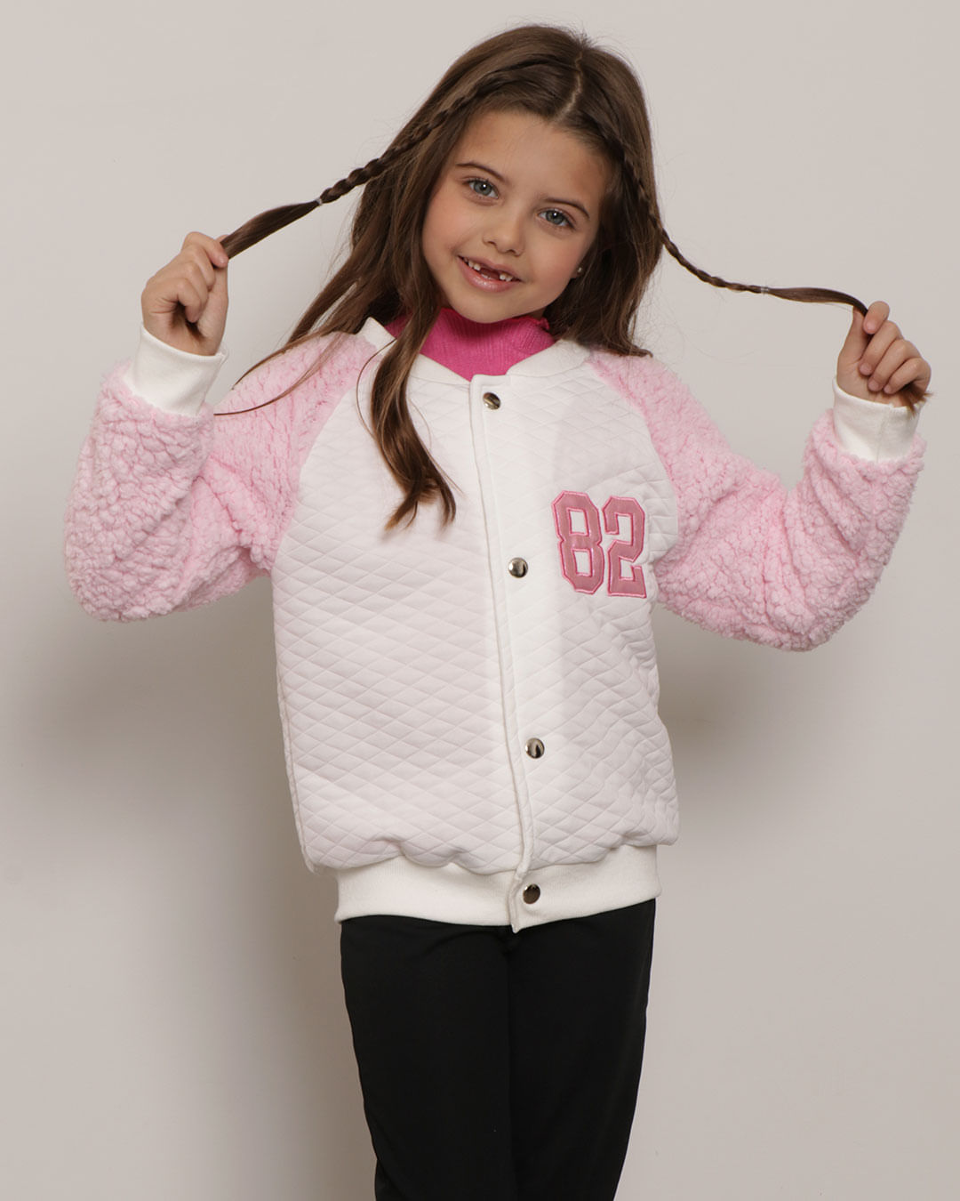 Jaqueta Infantil Bomber Matelassê Manga Sherpa Off White-1754077335908