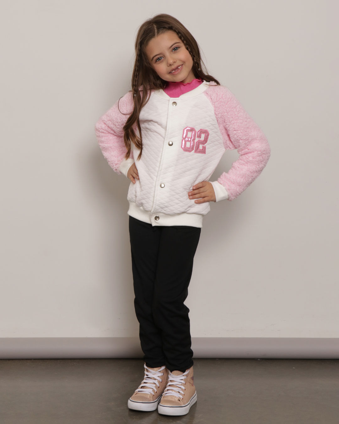 Jaqueta Infantil Bomber Matelassê Manga Sherpa Off White-1754077380698
