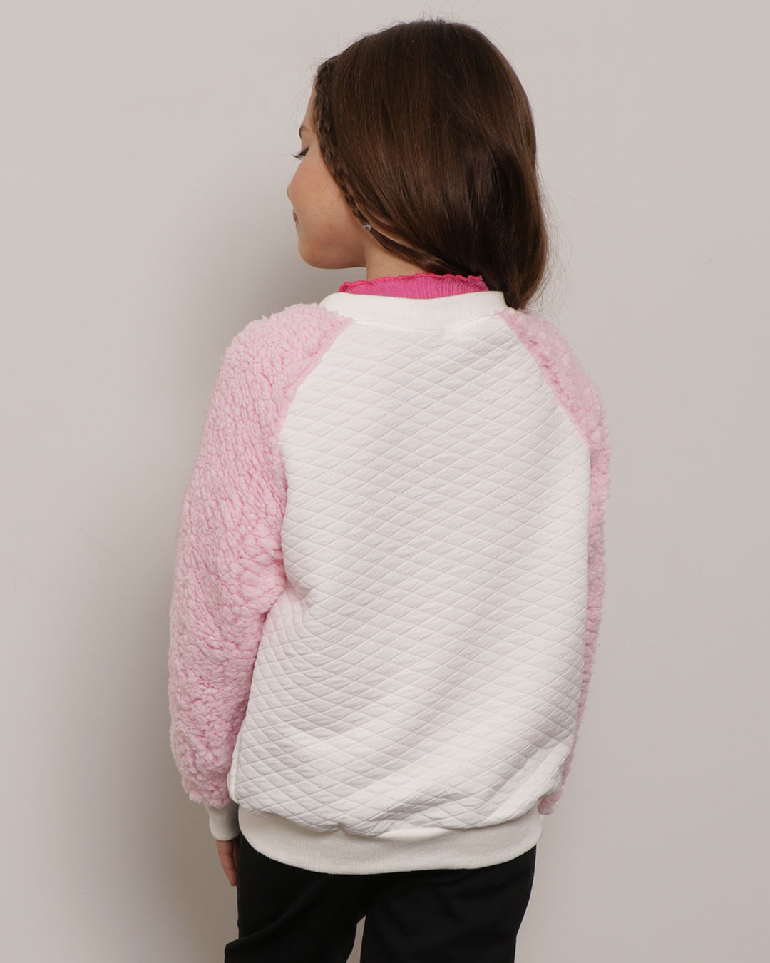 Jaqueta Infantil Bomber Matelassê Manga Sherpa Off White-1754077386762