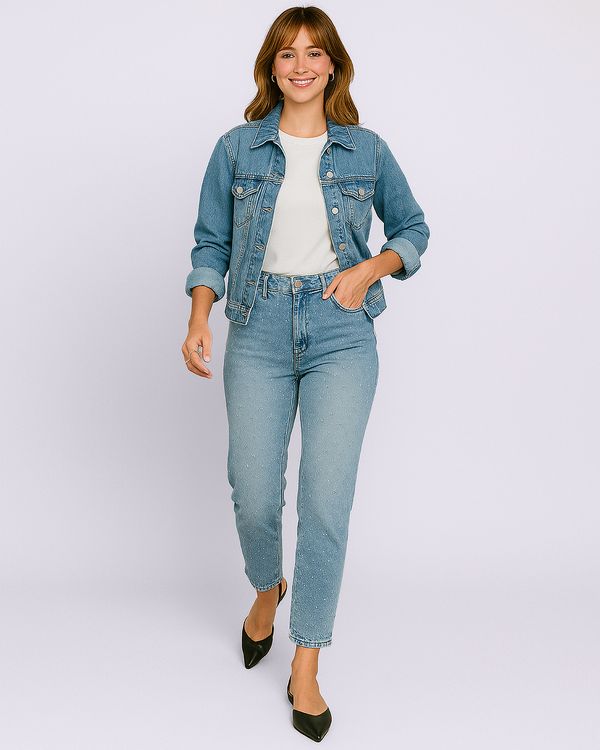 Calça Jeans Feminina Mom com Strass Bolsos Estonada Azul 46