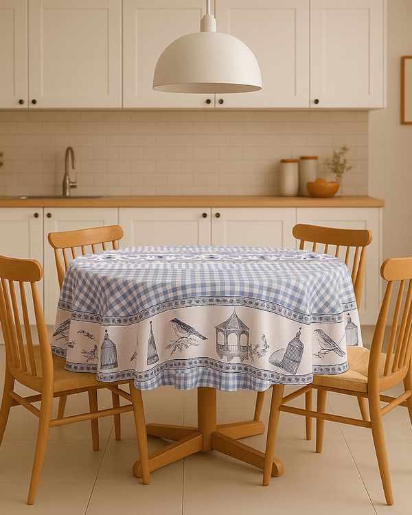 Toalha De Mesa Redonda Raner 140cm Estampada Xadrez Azul UN