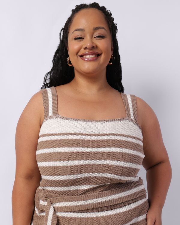 Regata Plus Size Feminina Tricô Listrada Bege G1