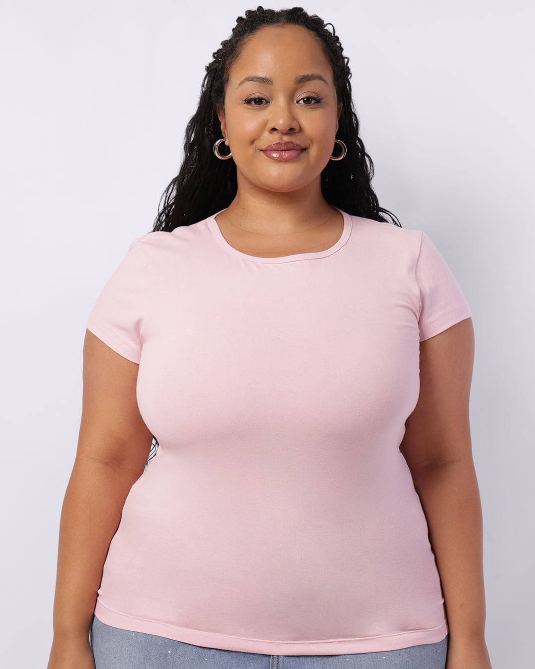 Blusa Plus Size Feminina Básica Manga Curta Rosa-1754925256448