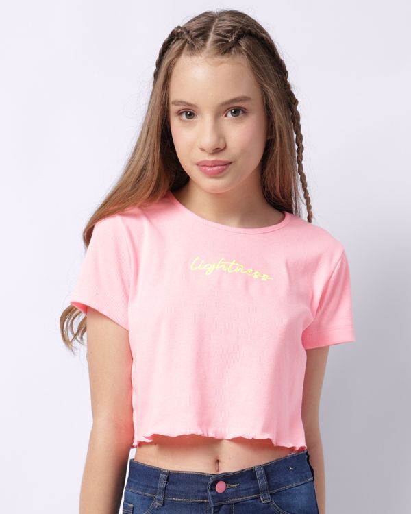 Blusa Juvenil Canelada Bordado Neon Rosa 12