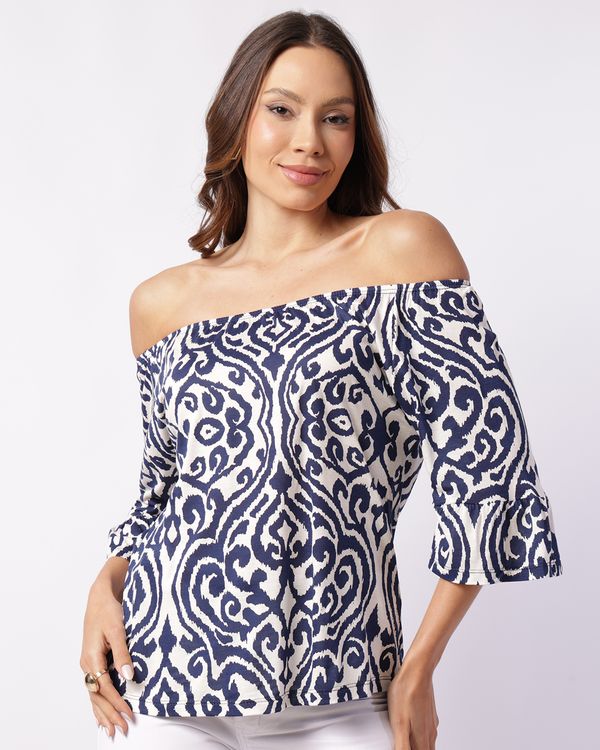 Blusa Feminina Manga 7/8 Ciganinha Viscose Estampada Marinho G
