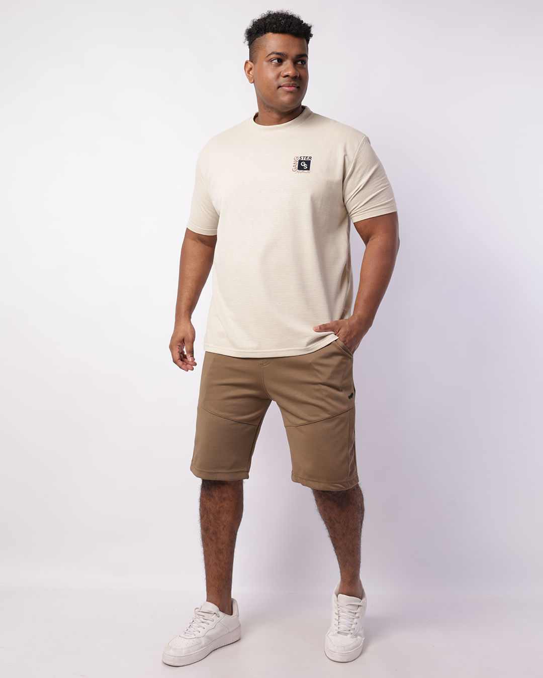 Camiseta Plus Size Masculina Gangster Texturizada Bege-1755528443742