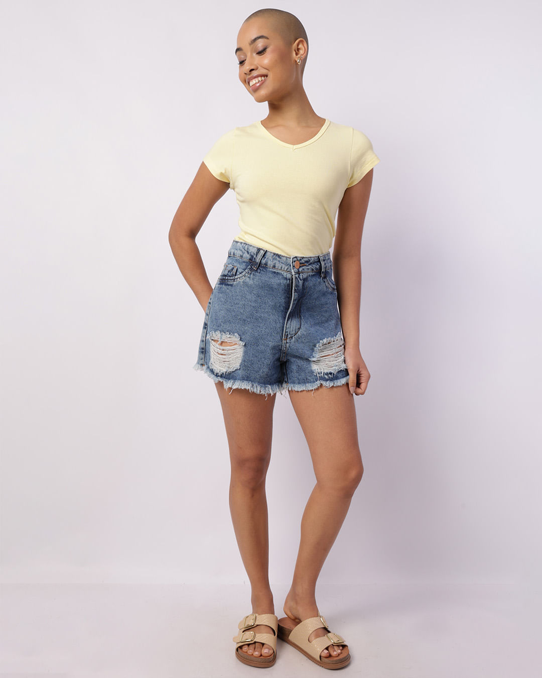 Blusa Feminina Básica Algodão Decote V Manga Curta Amarela-1755614415367