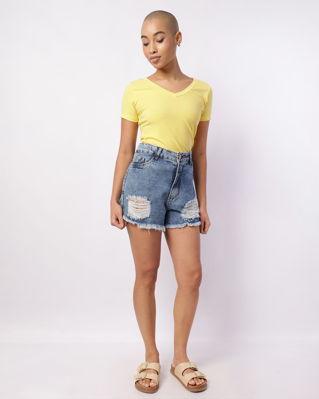 Camiseta Feminina Básica Canelada Decote V Amarela-1755614492493