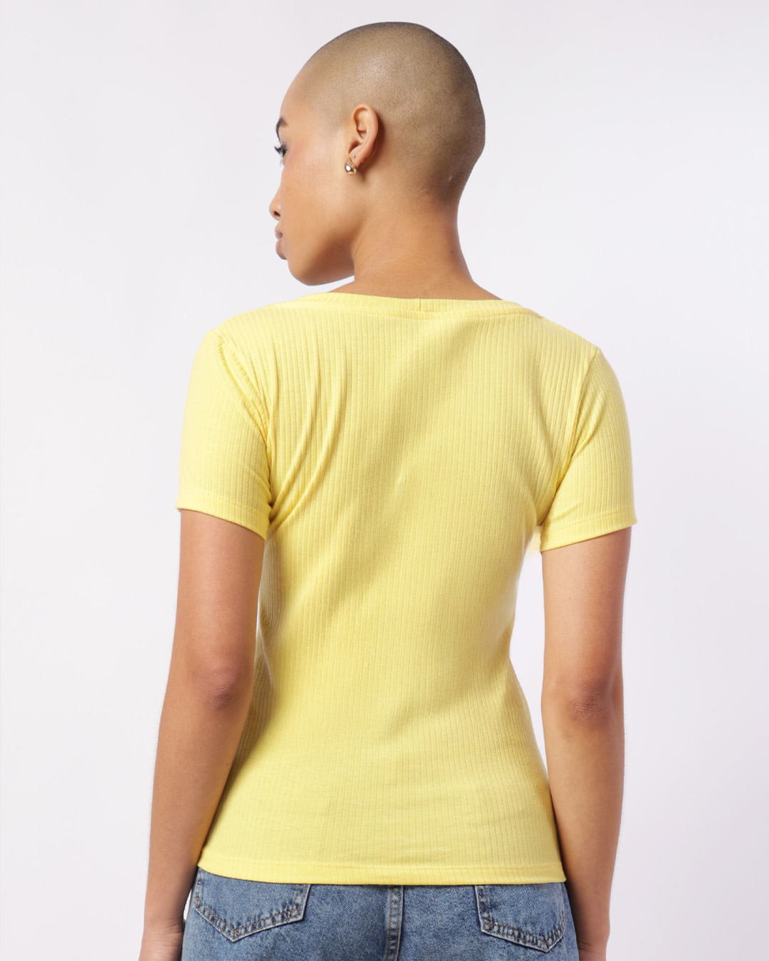 Camiseta Feminina Básica Canelada Decote V Amarela-1755614525118
