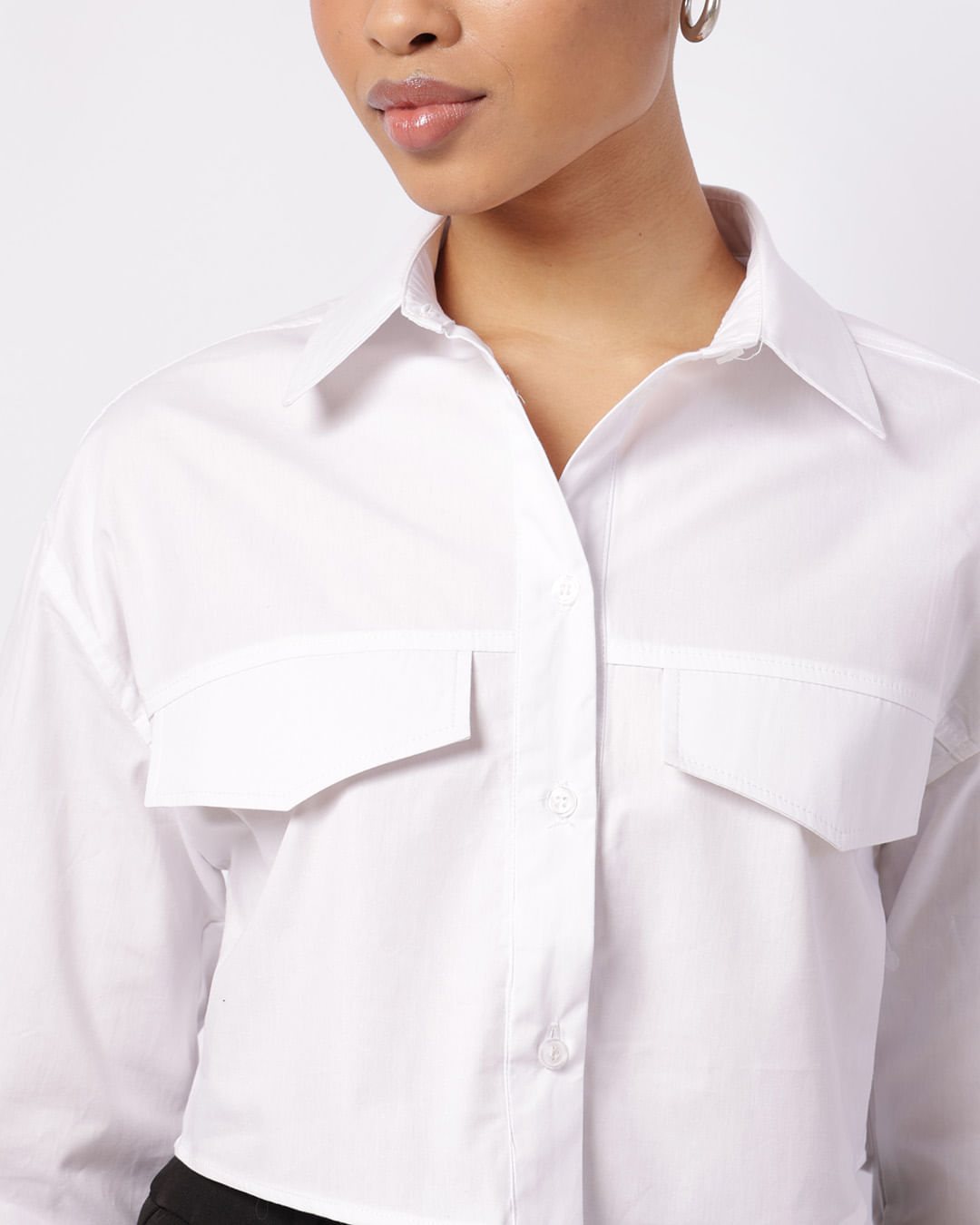 Camisa Feminina Cropped Algodão Manga Longa Branca-1755700352285