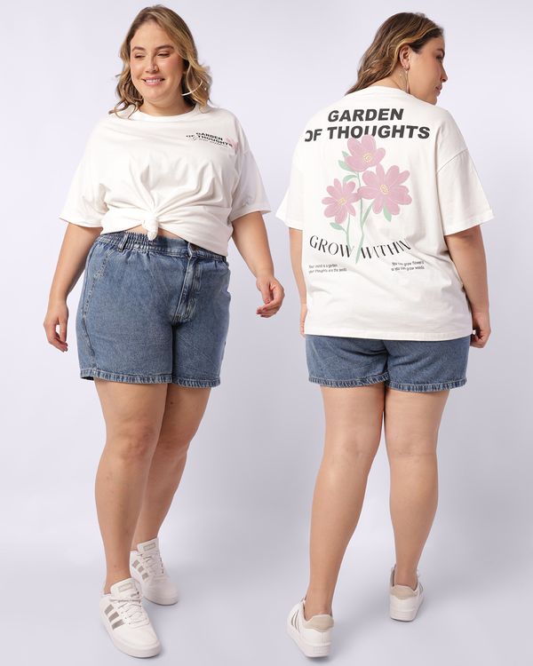 Camiseta Plus Size Feminina Algodão Estampa Frente Costas Off White G1