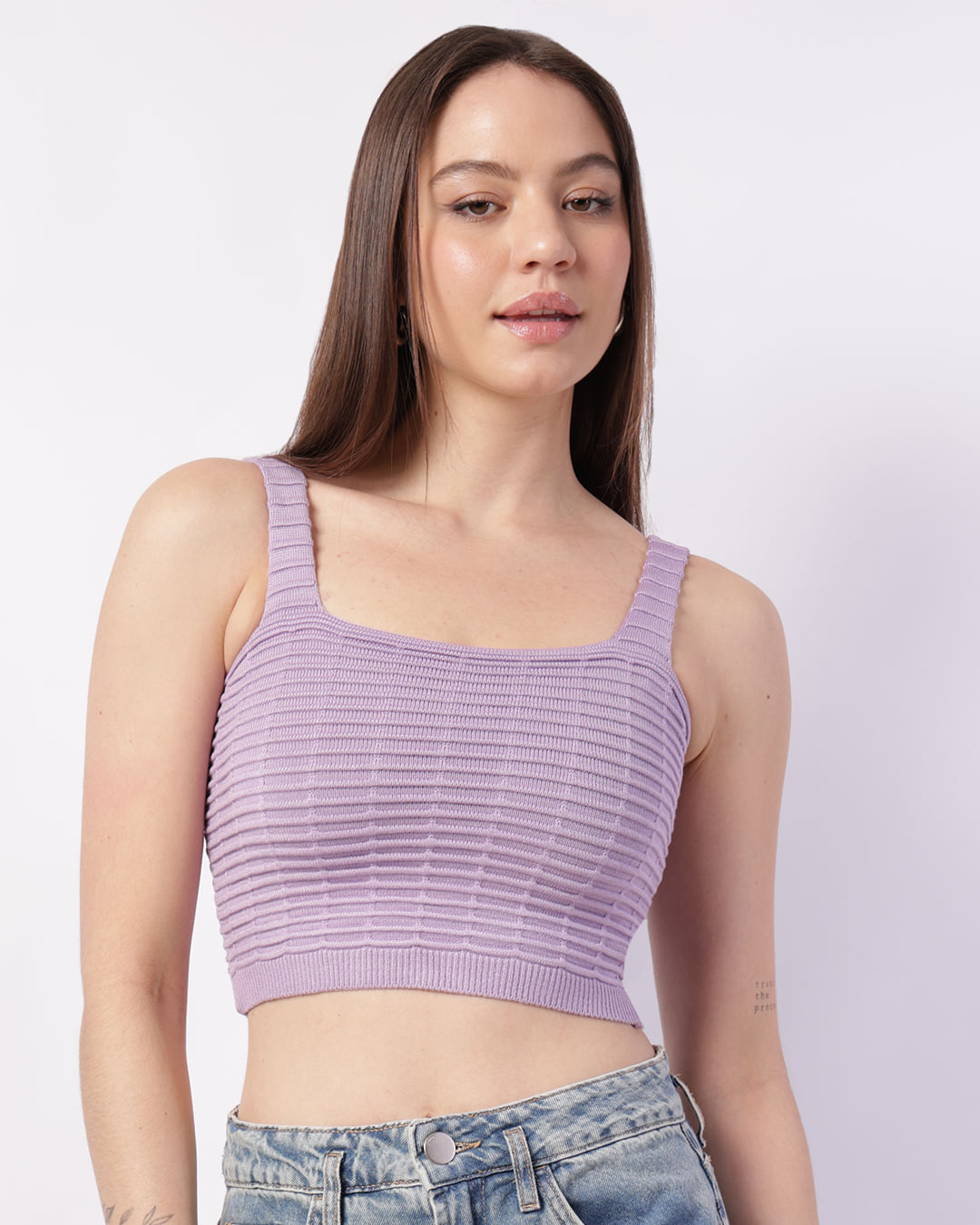 Regata Feminina Cropped Tricô Texturizada Lilás-1755871548790