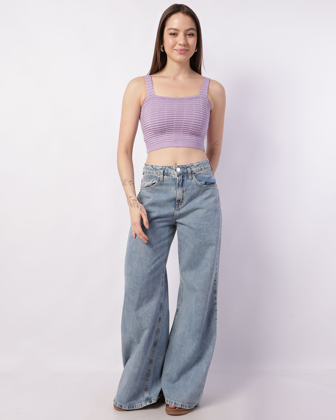 Regata Feminina Cropped Tricô Texturizada Lilás-1755871594686