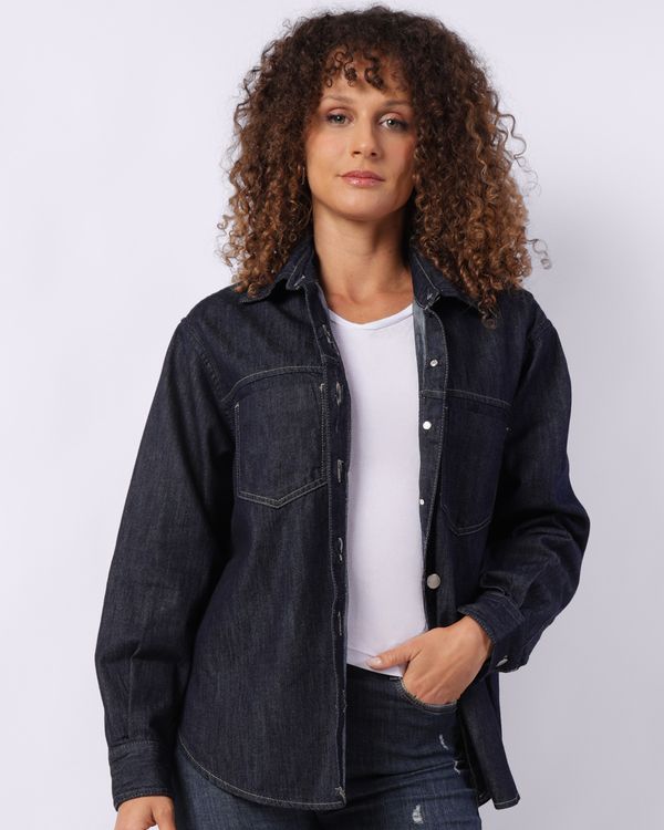 Camisa Jeans Feminina Oversized com Bolsos Manga Longa Azul PP