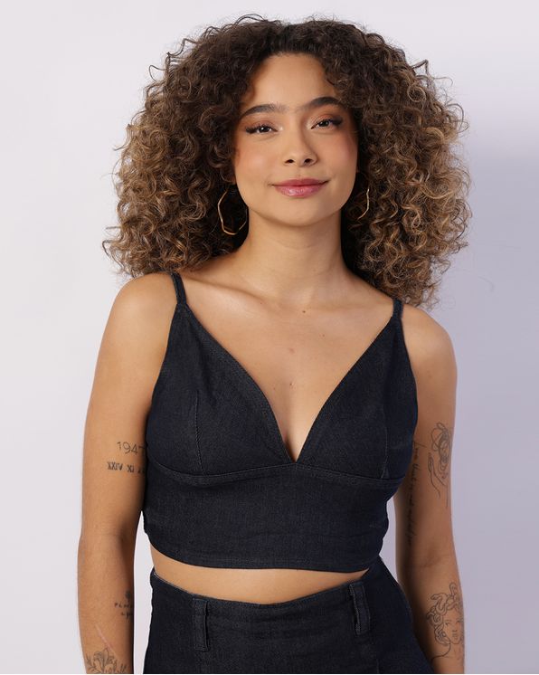 Top Jeans Color Feminino Lastex Marrom