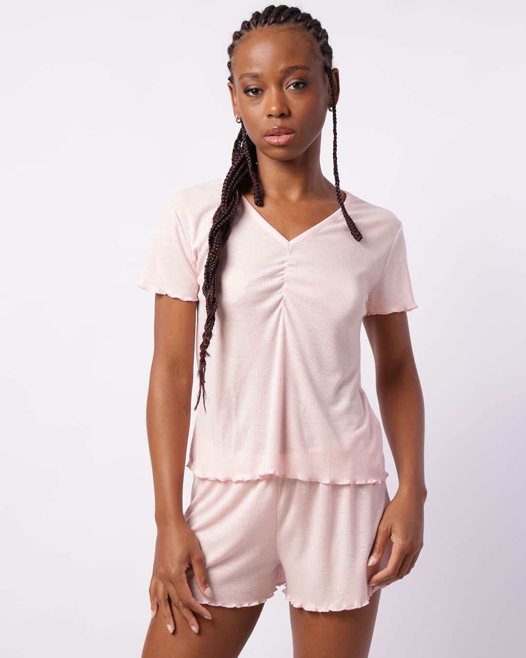 Pijama Feminino Curto Canelado Rosa-1756732718920