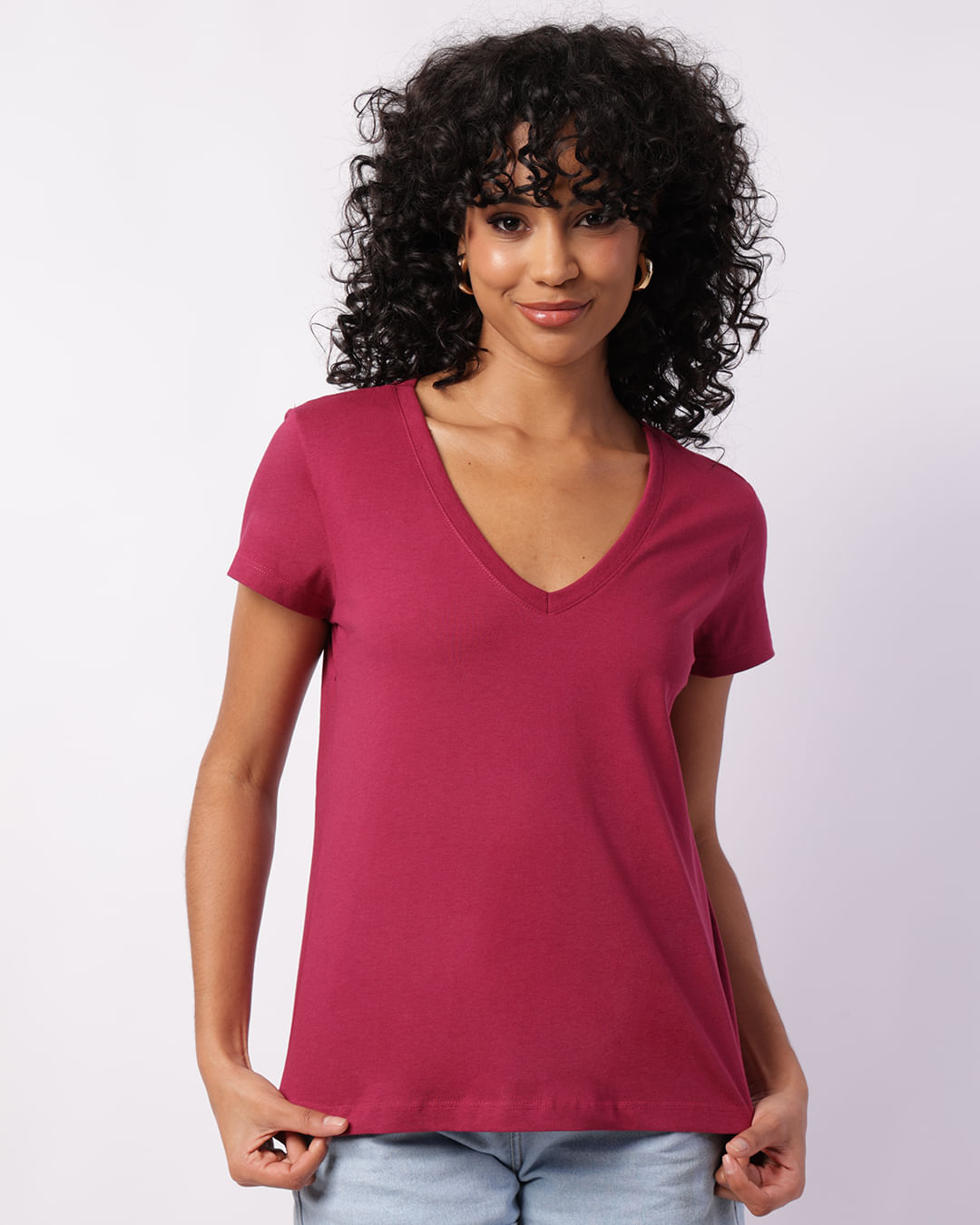 Camiseta Feminina Algodão Decote V Básica Vinho-1757098585141