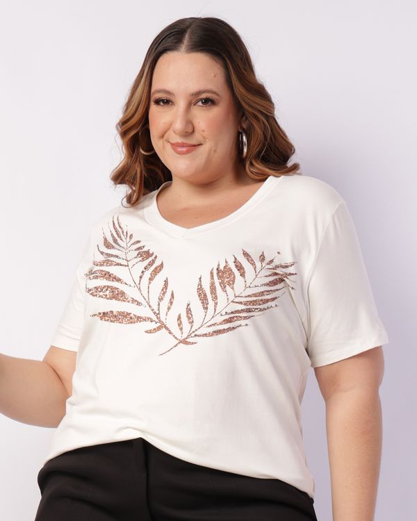 Blusa Plus Size Feminina Estampa com Strass Manga Curta Off White G3