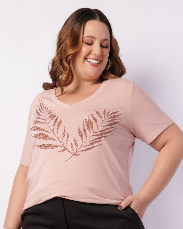 Blusa Plus Size Feminina Estampa com Strass Manga Curta Rosa G3