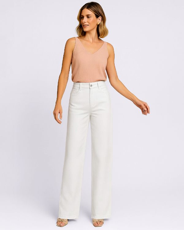 Calça Sarja Feminina Wide Leg com Bolsos Branca 42