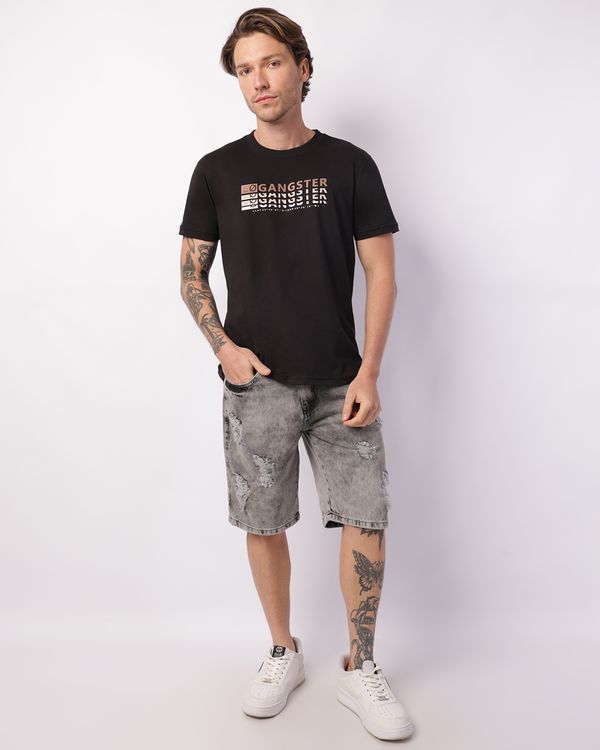 Bermuda Jeans Masculina Reta Destroyed Marmorizada Cinza 36