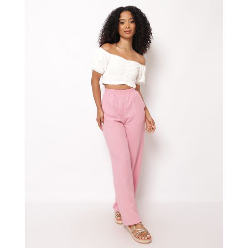 Calça Feminina Berry & Co. Reta Texturizada com Bolsos Rosa