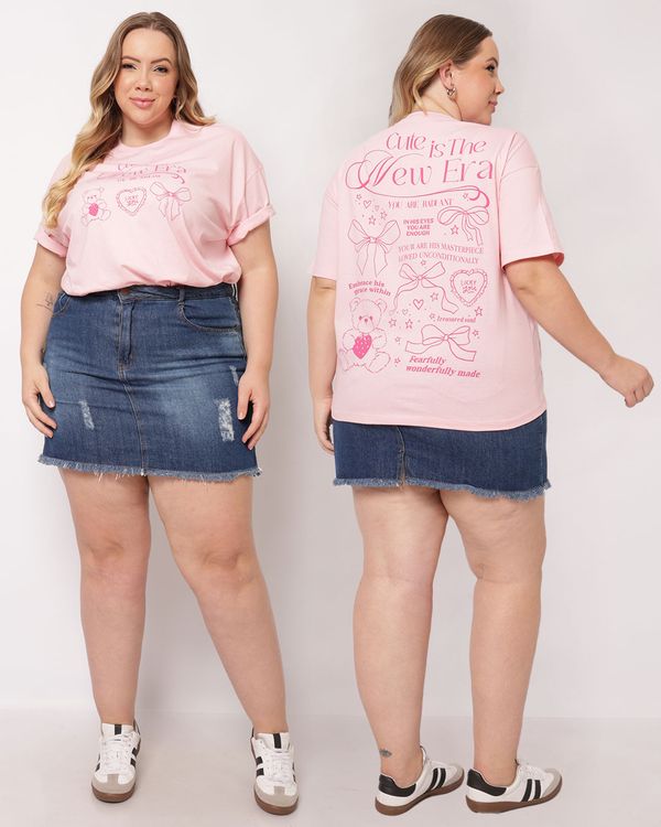 Camiseta Plus Size Feminina Algodão Estampa Frente e Costas Rosa G1