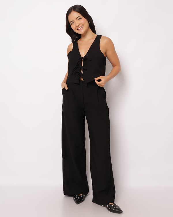 Calça Feminina Berry & Co. Wide Leg Viscose com Pregas Preta M