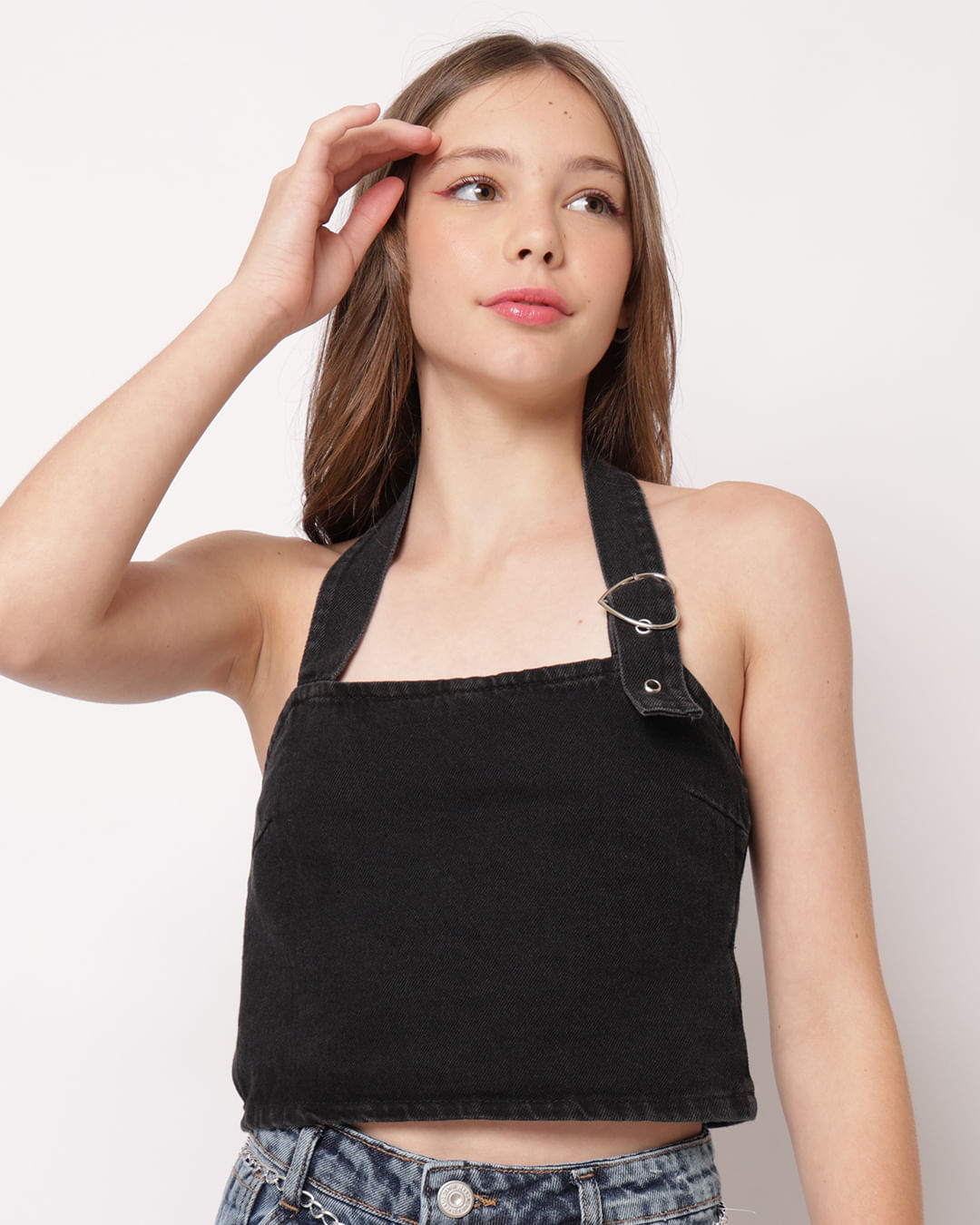 Blusa Jeans Juvenil Frente Única com Aviamento Lastex Preto