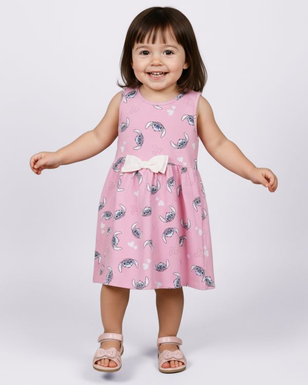 Vestido Bebê Curto Algodão Disney Stitch Estampado Rosa 2