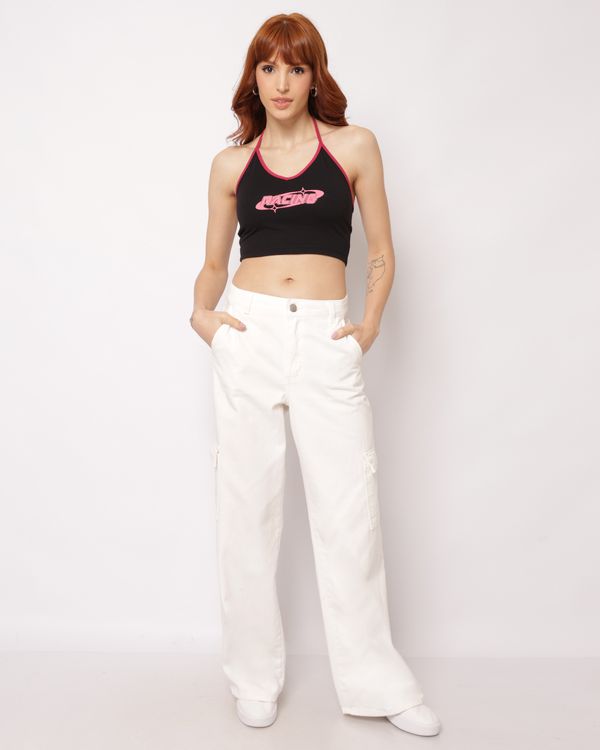 Calça Jeans Feminina Wide Leg Cargo Off White 46