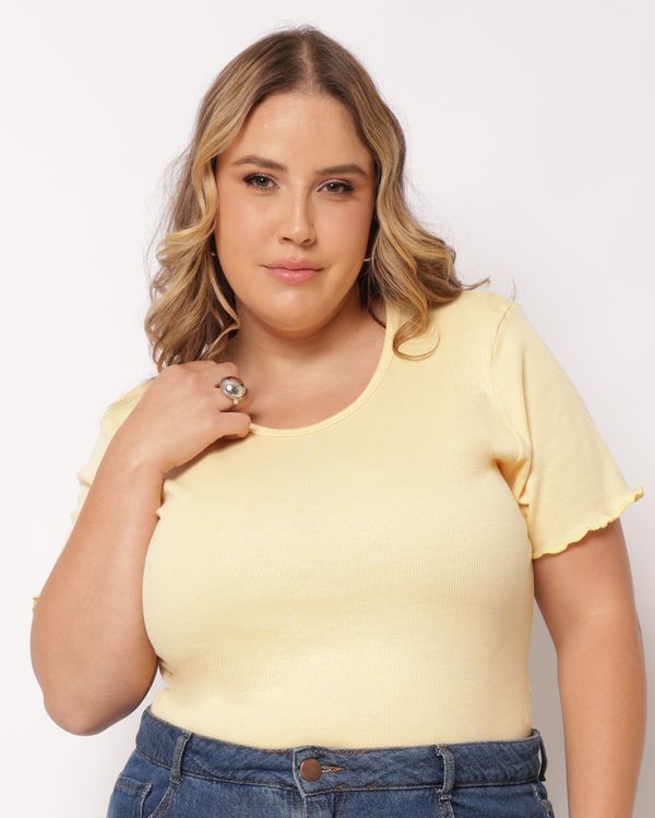Blusa Plus Size Feminina Básica Canelada Manga Curta Amarela G3