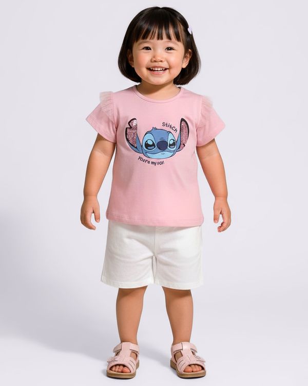 Camiseta Bebê Disney Stitch Paetê Manga Curta com Tule Rosa 1