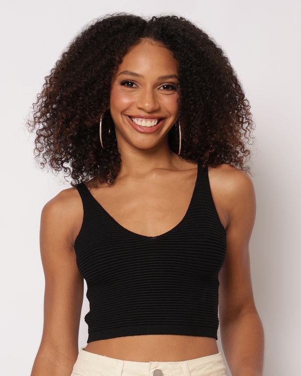 Regata Feminina Cropped Tricô Canelada Preta G