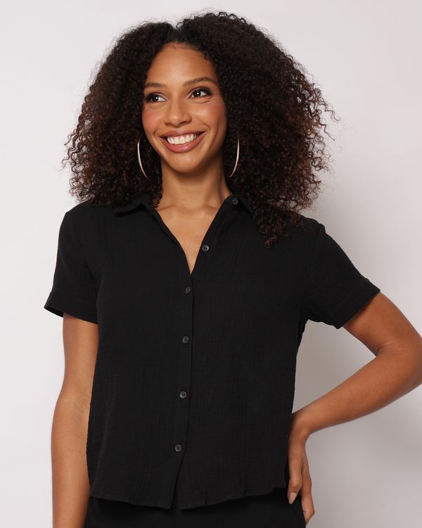 Camisa Feminina Algodão Berry & Co. Manga Curta Preta M