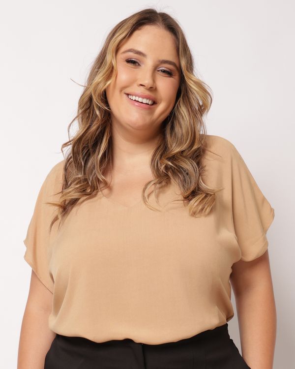 Blusa Plus Size Feminina Viscose Berry & Co. Manga Morcego Bege G1