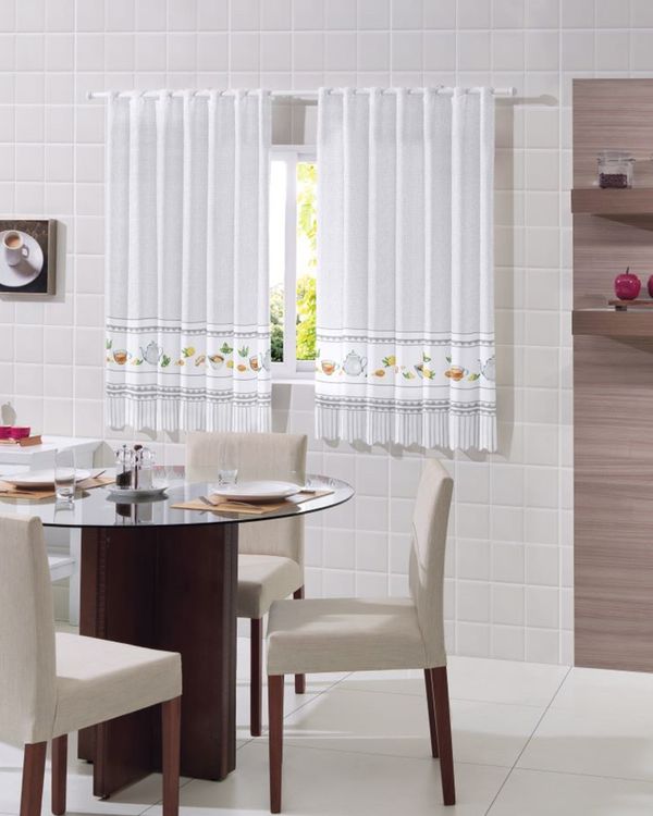 Cortina Para Cozinha Bella Janela 220cm x 120cm Estampada Branca UN