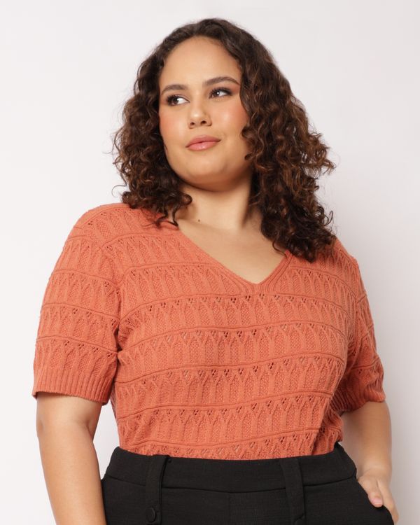Blusa Plus Size Feminina Tricô Manga Curta Terracota G1