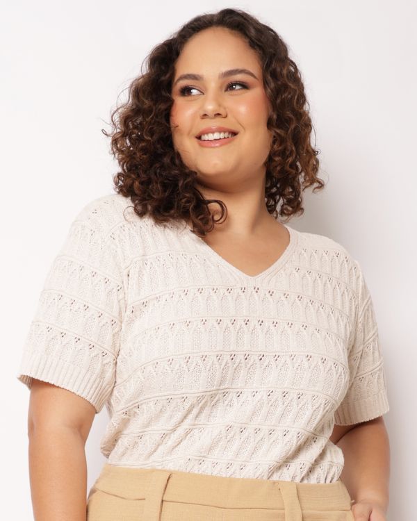 Blusa Plus Size Feminina Tricô Manga Curta Bege G2