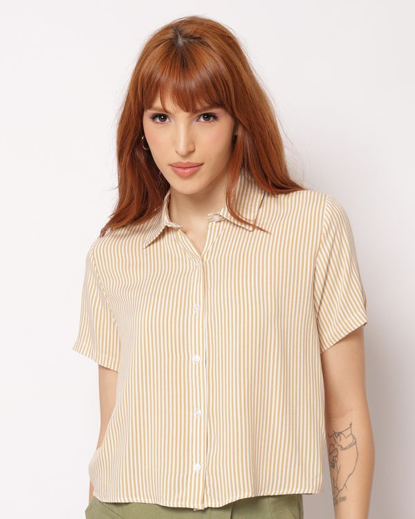 Camisa Feminina Cropped Berry & Co. Viscose Listrada Bege GG