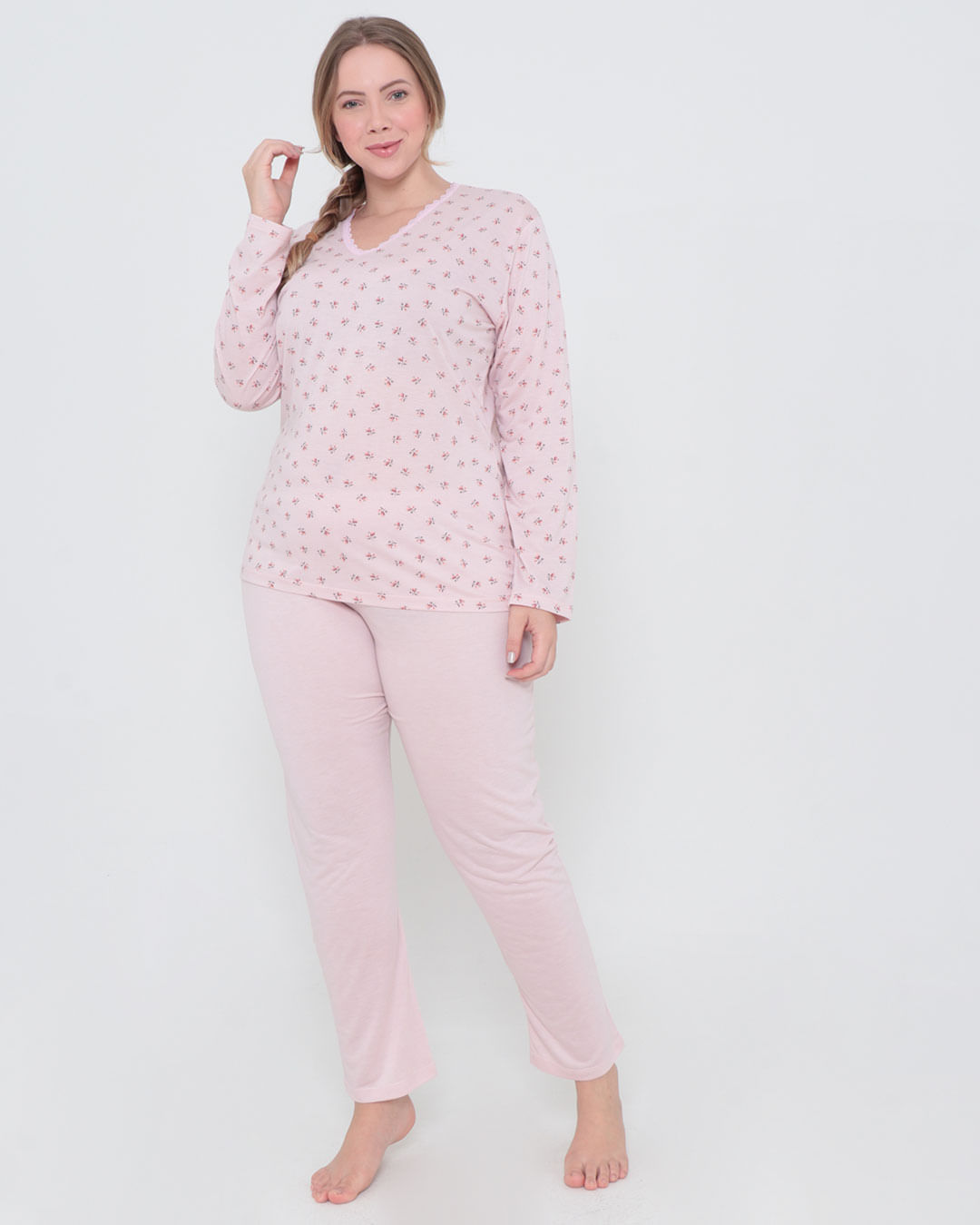 Pijama-Feminino-Plus-Size-Longo-Floral-Rosa-Claro