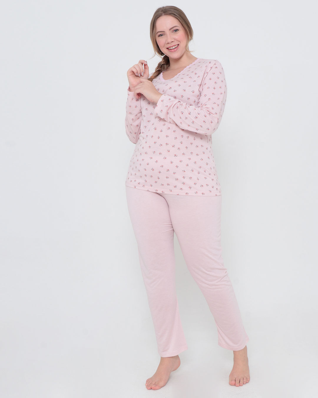 Pijama-Feminino-Plus-Size-Longo-Floral-Rosa-Claro