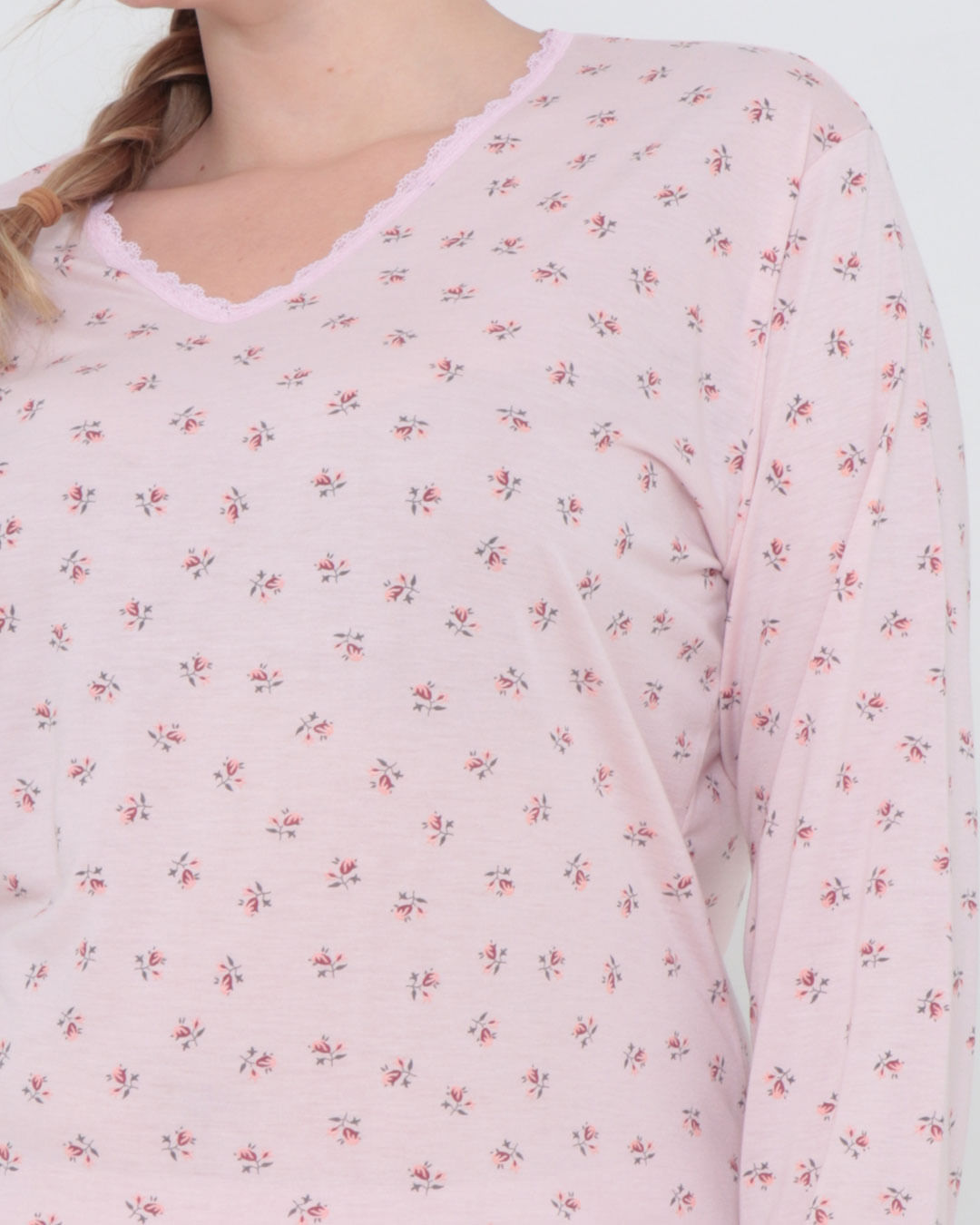 Pijama-Feminino-Plus-Size-Longo-Floral-Rosa-Claro