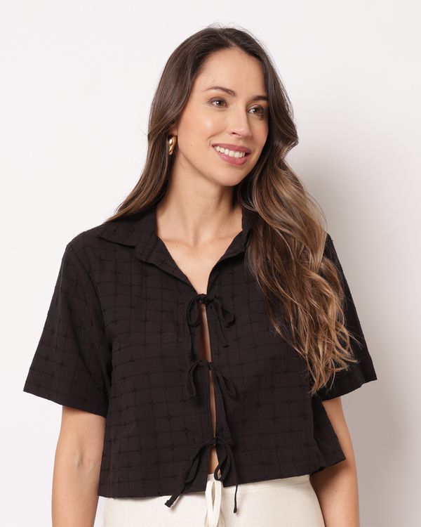 Camisa Feminina Cropped Algodão Berry & Co. Amarração Preta M